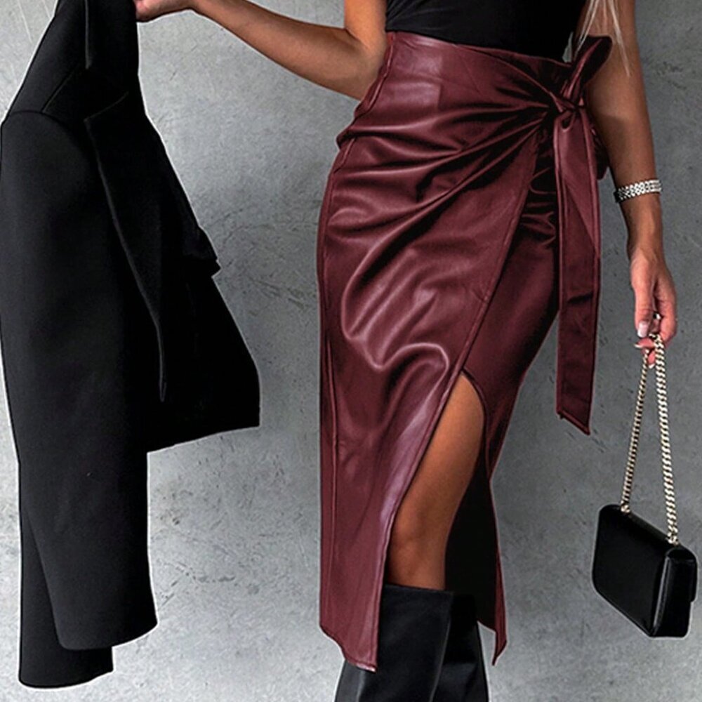 Burgundy Punk Women's Lace-Up High Waist Split Mini Skirt